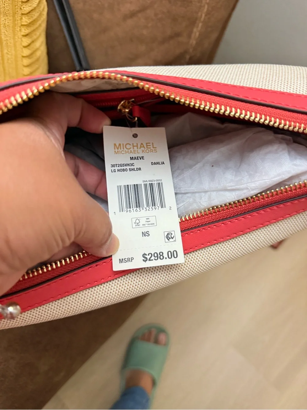Michael Kors Cream Canvas Shoulder Bag with Coral Trim